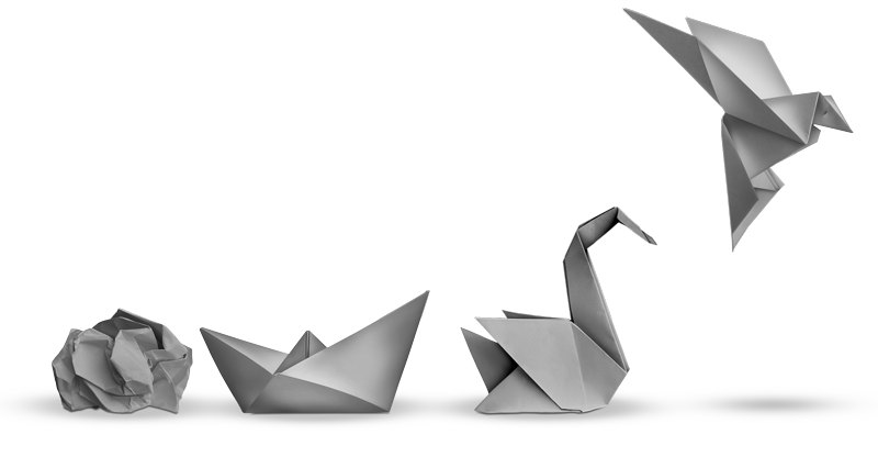 origami qui représente en 4 étape l'envole