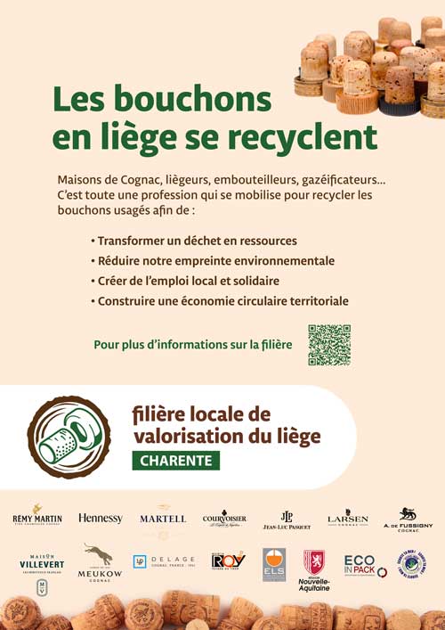 affiche : Maisons de Cognac, liègeurs, embouteilleurs, gazéificateurs... C’est toute une profession qui se mobilise pour recycler les bouchons usagés